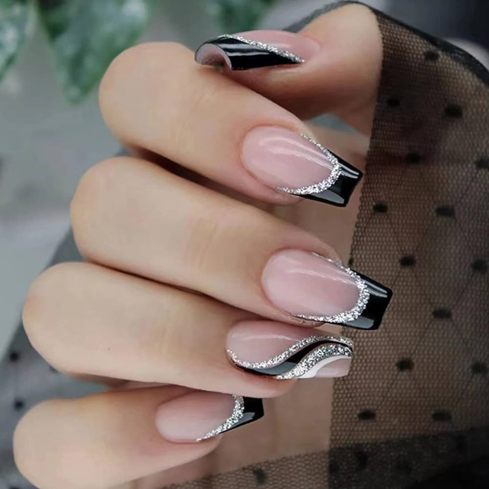 black french tip nail designs Niche Utama Home Black French Tip Press on Nails Medium Length Square Fake Nails with Silver  Glitter Line Designs Glossy Coffin Nails Full Cover Nail Tips Glue on