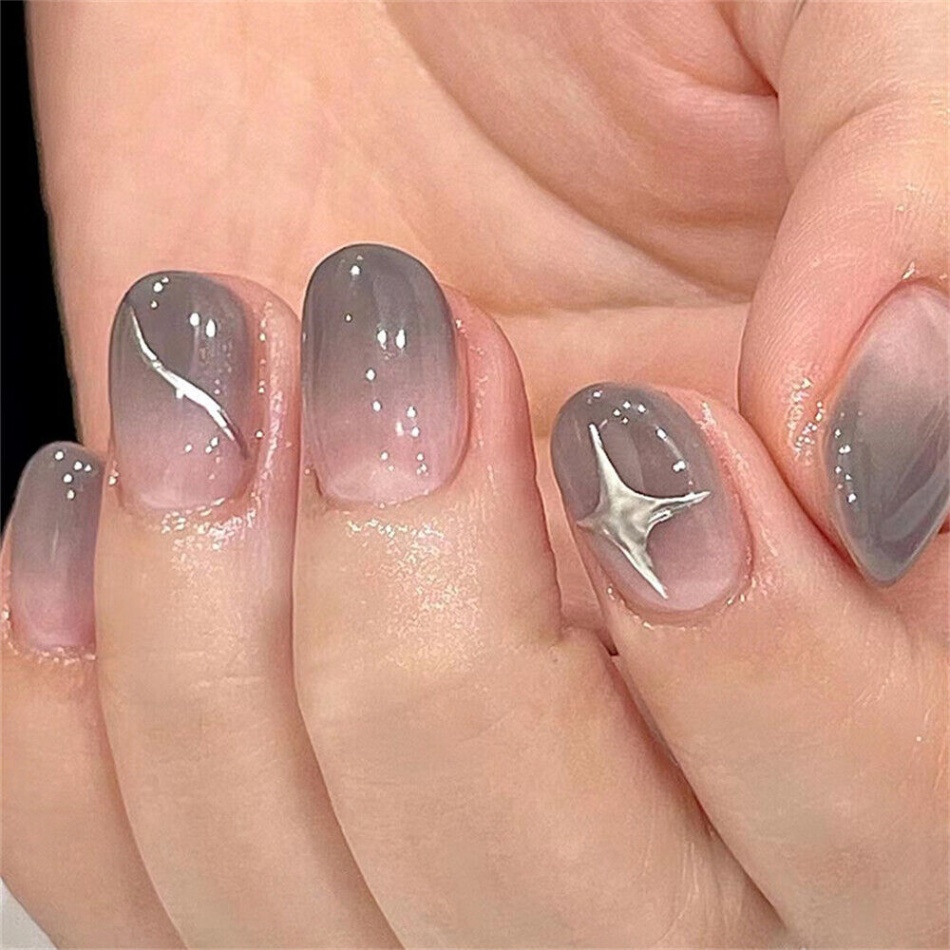 gray nail designs Niche Utama Home Gray Gradient Star False Nail Short Square Press on Nails for Nail Art pcs