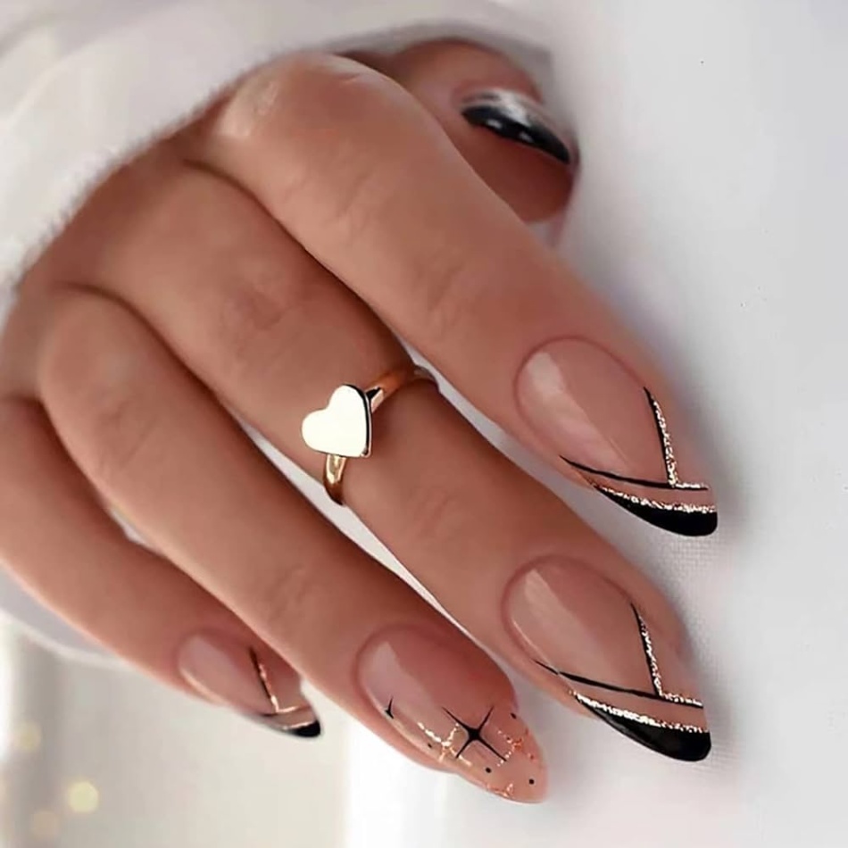 almond shaped nail designs Niche Utama Home Pcs Medium Long French Tip Press on Nails Almond Shaped Nude Pink Black  Star Fake Nails Glitter Design Nail Decorations Full Cover Artificial Glue