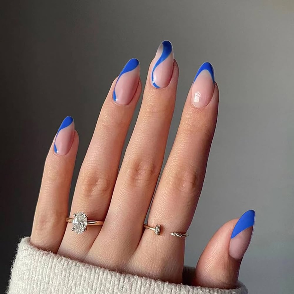 royal blue nail designs Niche Utama Home  Pcs Press on Nails Medium French Tip Almond Fake Nails Blue Swirl Full  Cover False Nails with Designs Glossy Royal Blue Nail Tip Acrylic Nails